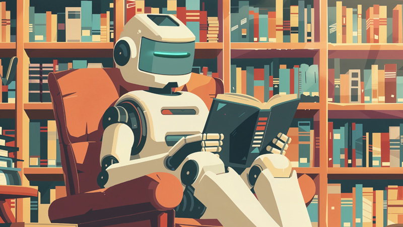 robo lendo livro ilustracao